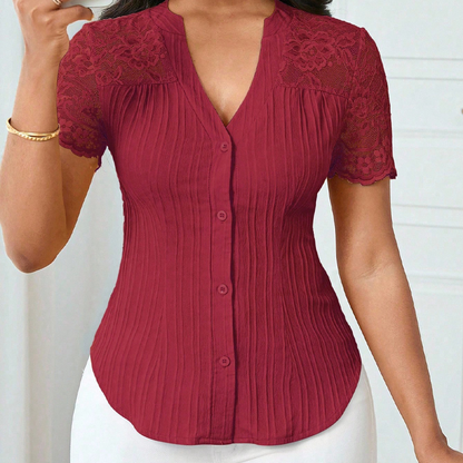 Women's V-Neck Lace Sleeve Button Down Summer Blouse