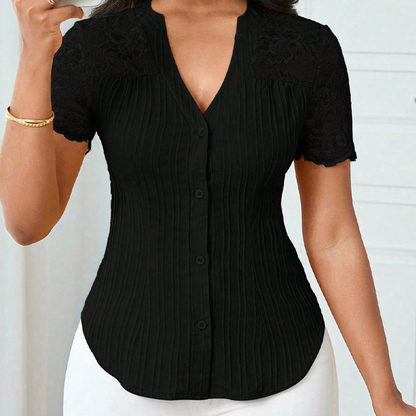 Women's V-Neck Lace Sleeve Button Down Summer Blouse