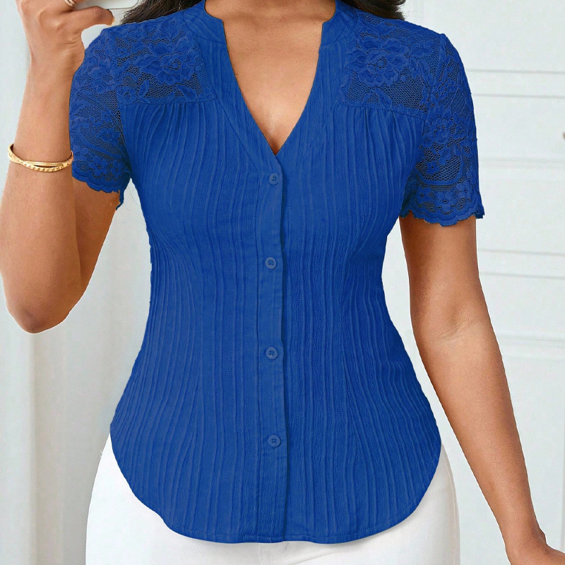 Women's V-Neck Lace Sleeve Button Down Summer Blouse