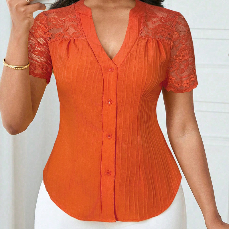 Women's V-Neck Lace Sleeve Button Down Summer Blouse