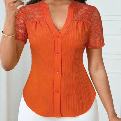 Women's V-Neck Lace Sleeve Button Down Summer Blouse