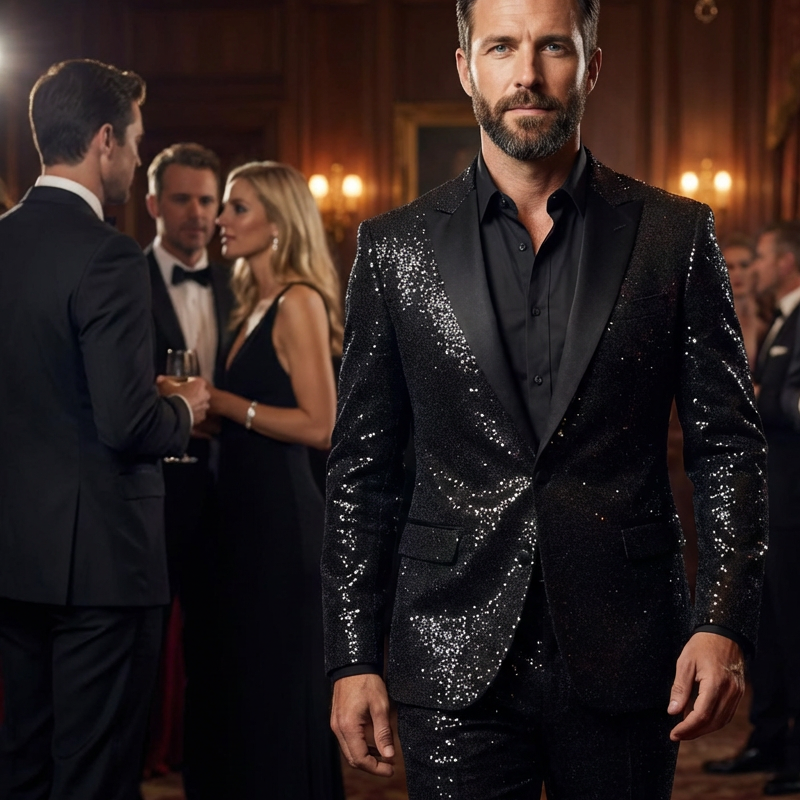 🔈50% OFF!!🧥👖Men's Black Sparkle Tuxedo Suit Set