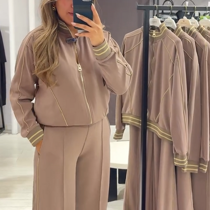 Elegant Zip-Up Jacket & Wide-Leg Pants Set