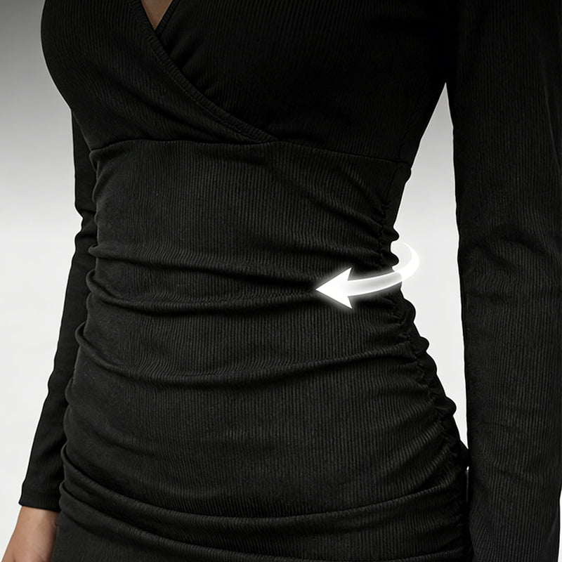 Long Sleeve V-Neck Ruched Bodycon Mini Dress