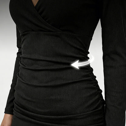Long Sleeve V-Neck Ruched Bodycon Mini Dress
