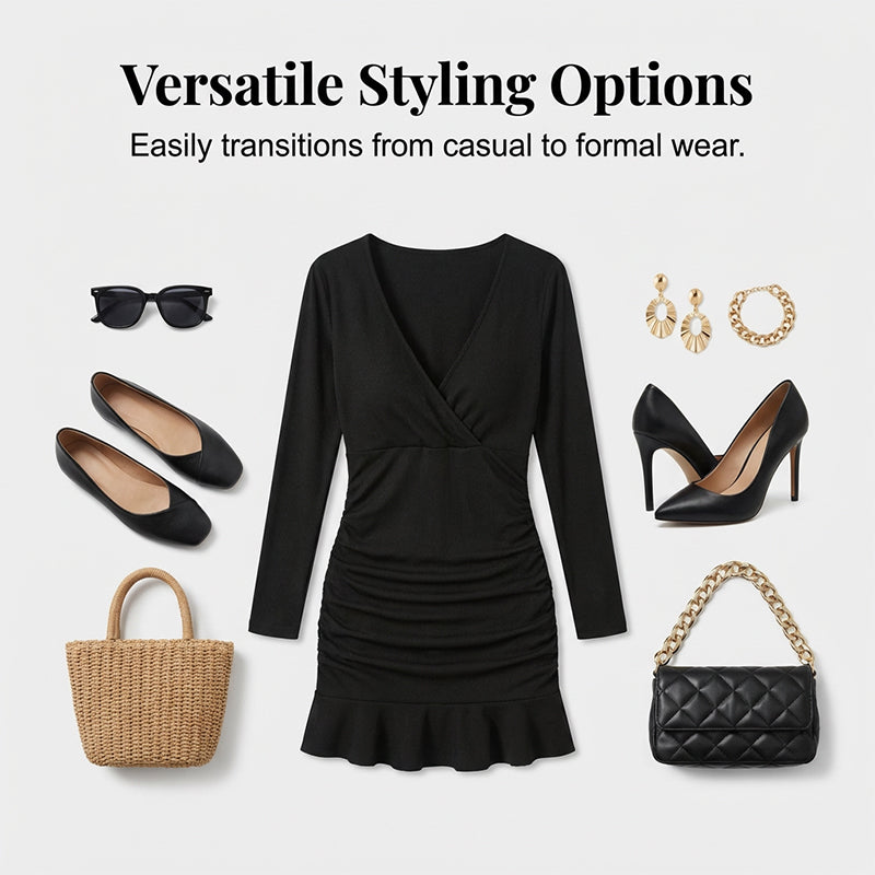 Long Sleeve V-Neck Ruched Bodycon Mini Dress