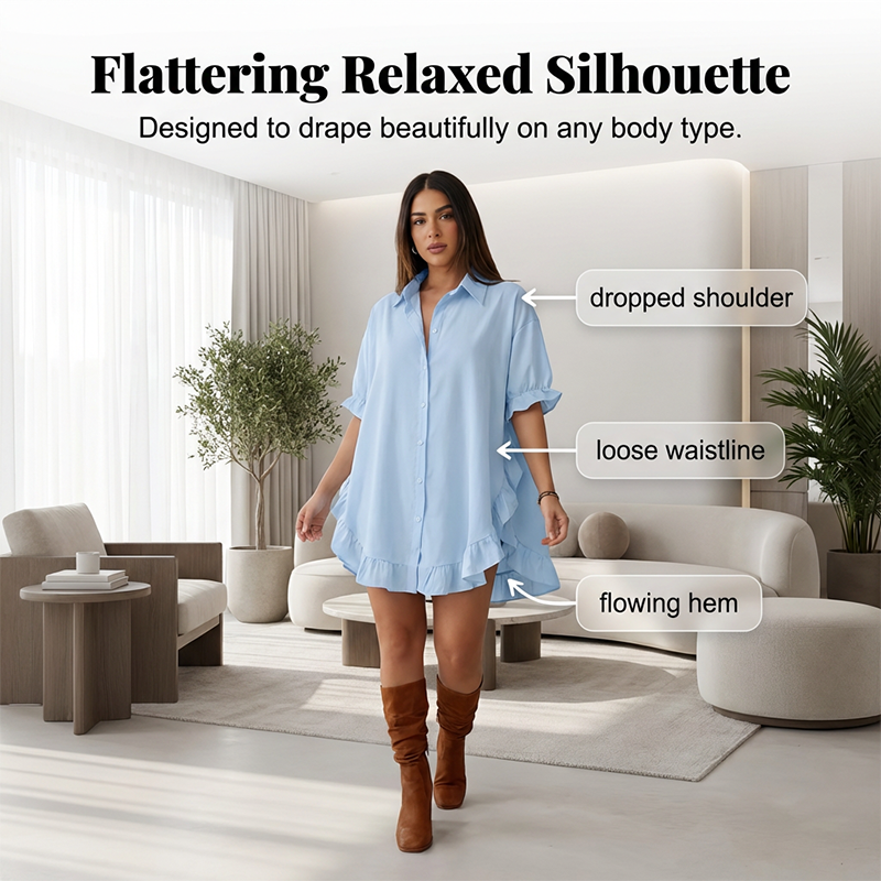 🔥Women's Oversized Button-Down Mini Dress with Ruffle Hem