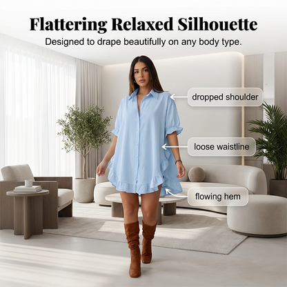 🔥Women's Oversized Button-Down Mini Dress with Ruffle Hem