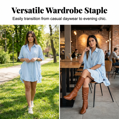 🔥Women's Oversized Button-Down Mini Dress with Ruffle Hem