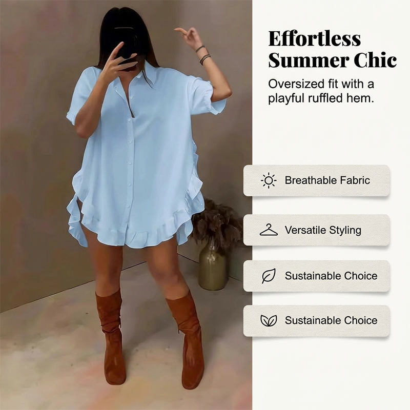 🔥Women's Oversized Button-Down Mini Dress with Ruffle Hem