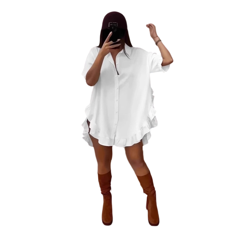 🔥Women's Oversized Button-Down Mini Dress with Ruffle Hem