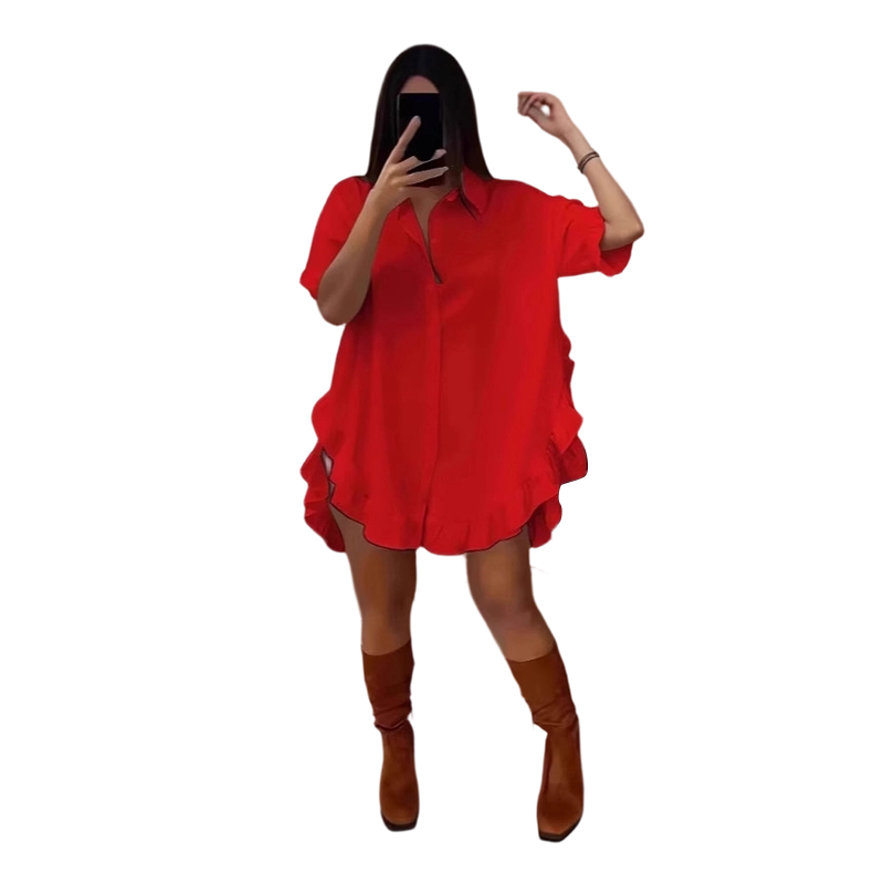 🔥Women's Oversized Button-Down Mini Dress with Ruffle Hem