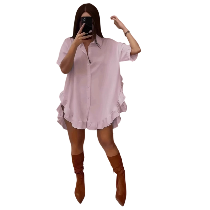 🔥Women's Oversized Button-Down Mini Dress with Ruffle Hem