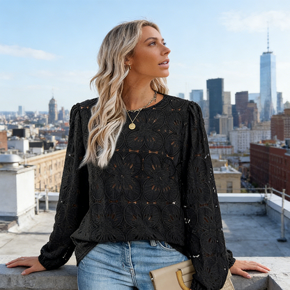 Women's Elegant Crew Neck Hollow-Out Long Sleeve Top
