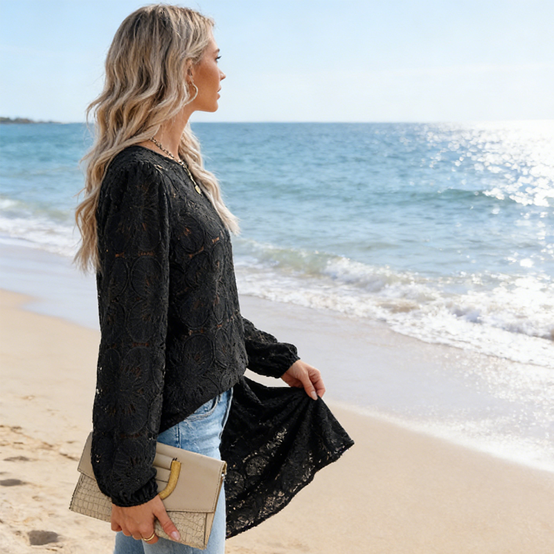 Women's Elegant Crew Neck Hollow-Out Long Sleeve Top