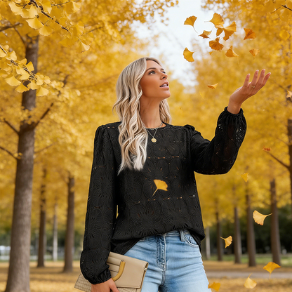 Women's Elegant Crew Neck Hollow-Out Long Sleeve Top