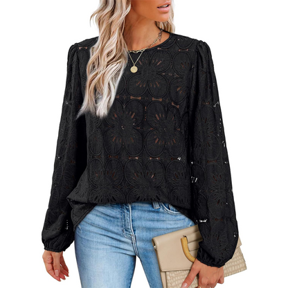 Women's Elegant Crew Neck Hollow-Out Long Sleeve Top