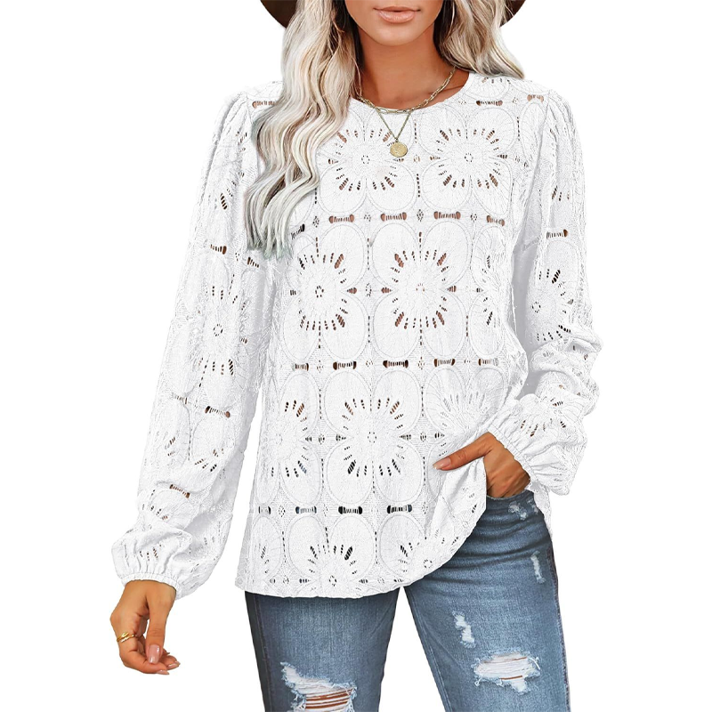 Women's Elegant Crew Neck Hollow-Out Long Sleeve Top
