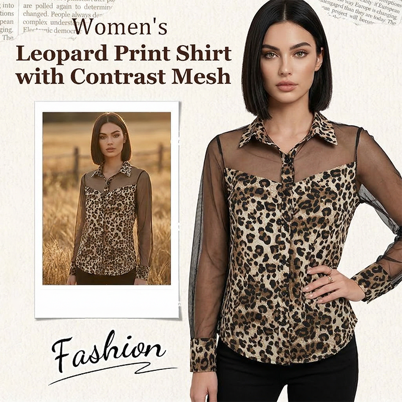 ⏳Time-Limited Special⏰Women's Leopard Print Shirt with Contrast Mesh – Long Sleeve, Office-to-Evening Versatility ✨