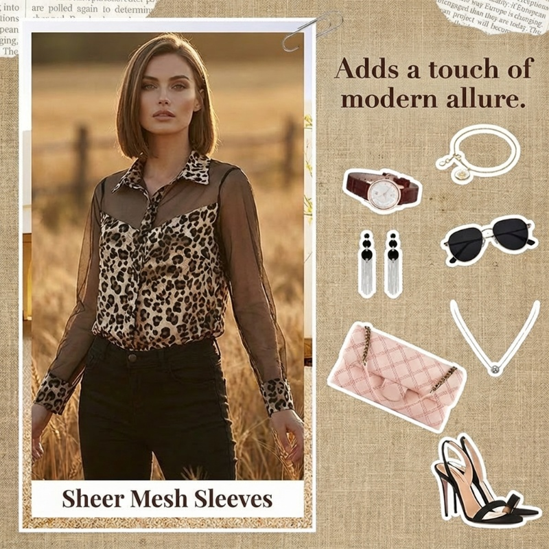 ⏳Time-Limited Special⏰Women's Leopard Print Shirt with Contrast Mesh – Long Sleeve, Office-to-Evening Versatility ✨
