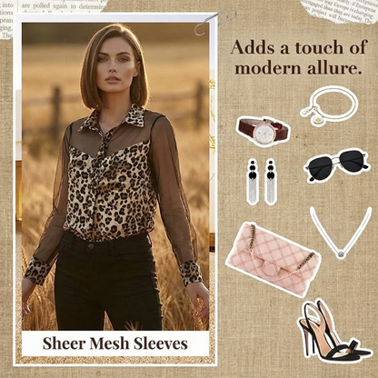 ⏳Time-Limited Special⏰Women's Leopard Print Shirt with Contrast Mesh – Long Sleeve, Office-to-Evening Versatility ✨