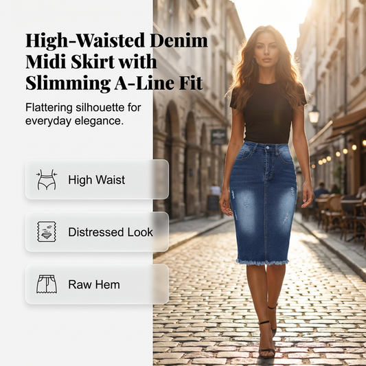 Women's High-Waist Frayed Hem Denim Skirt