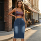 Women's High-Waist Frayed Hem Denim Skirt