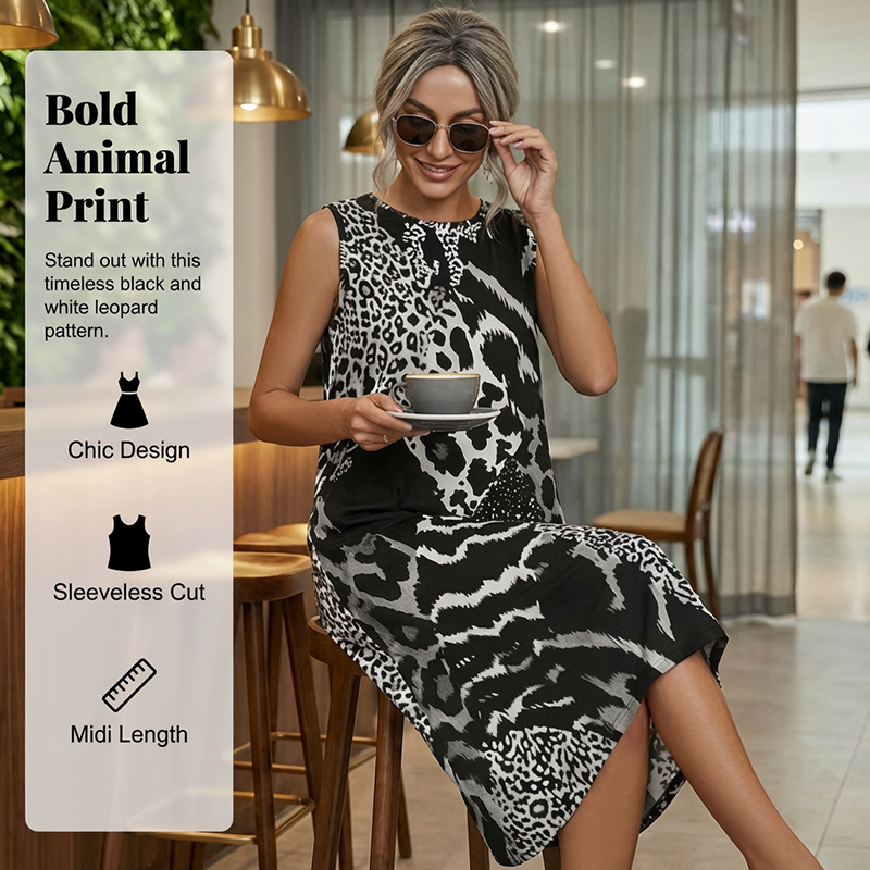 🖤 Bold & Beautiful 🐆 Women's Leopard Print Sleeveless Midi Dress