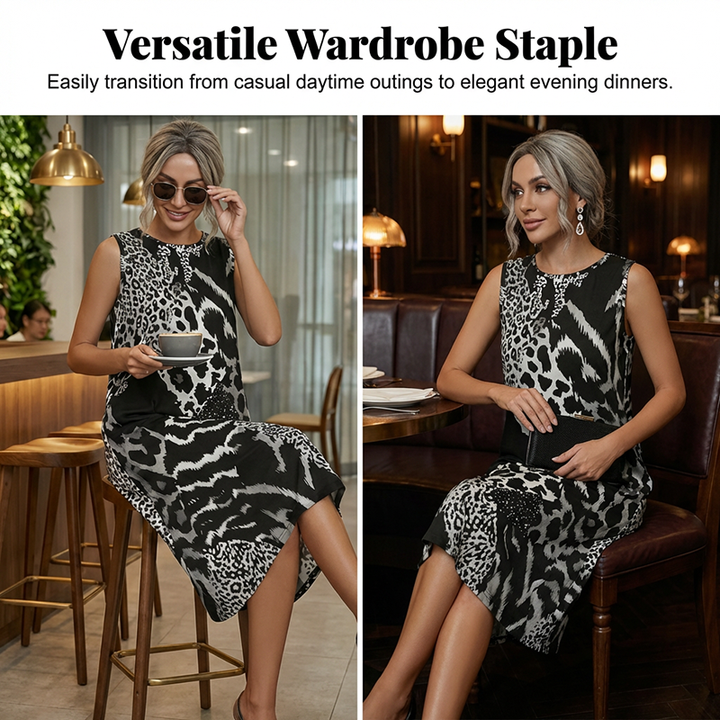 🖤 Bold & Beautiful 🐆 Women's Leopard Print Sleeveless Midi Dress