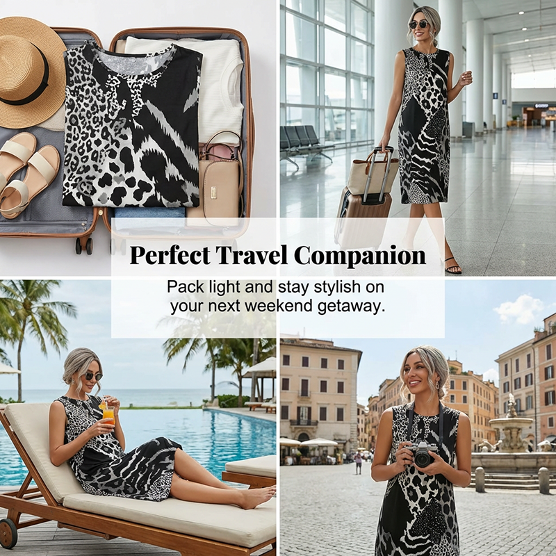 🖤 Bold & Beautiful 🐆 Women's Leopard Print Sleeveless Midi Dress