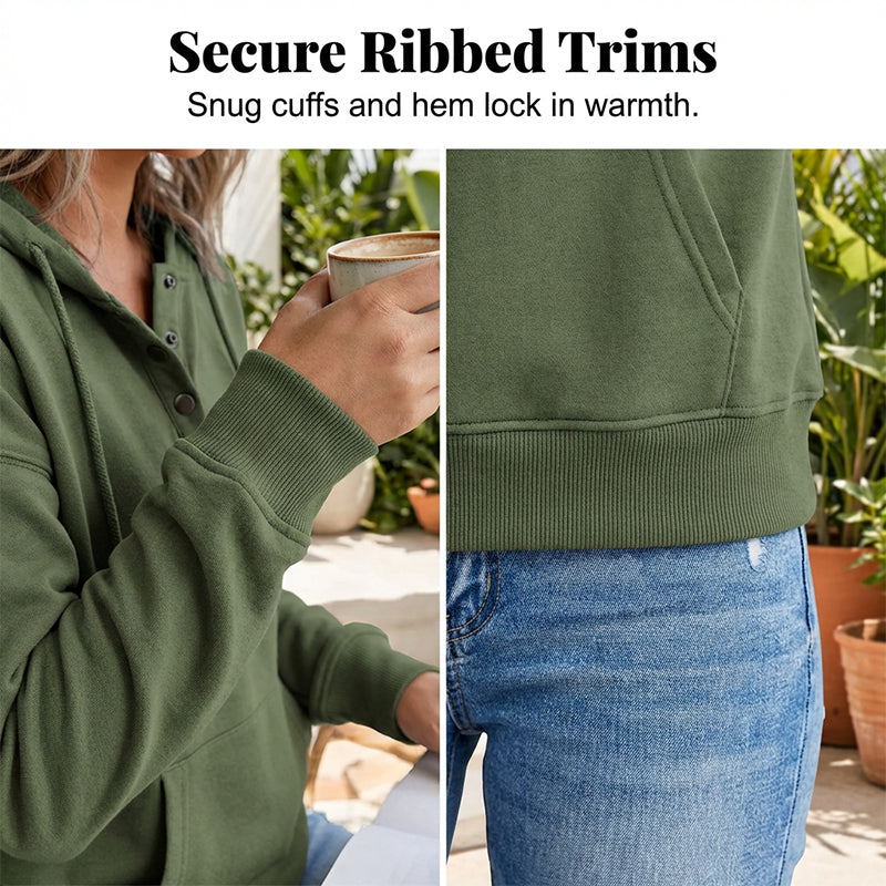 Casual Button-Up Drawstring Pullover Sweatshirt