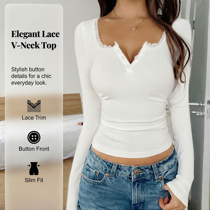 Women's Lace Trim V-Neck Ribbed Top