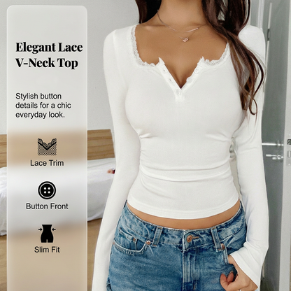 Women's Lace Trim V-Neck Ribbed Top