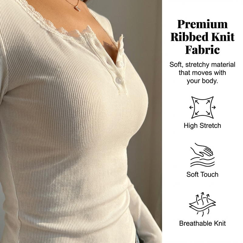 Women's Lace Trim V-Neck Ribbed Top