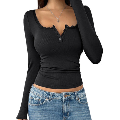 Women's Lace Trim V-Neck Ribbed Top