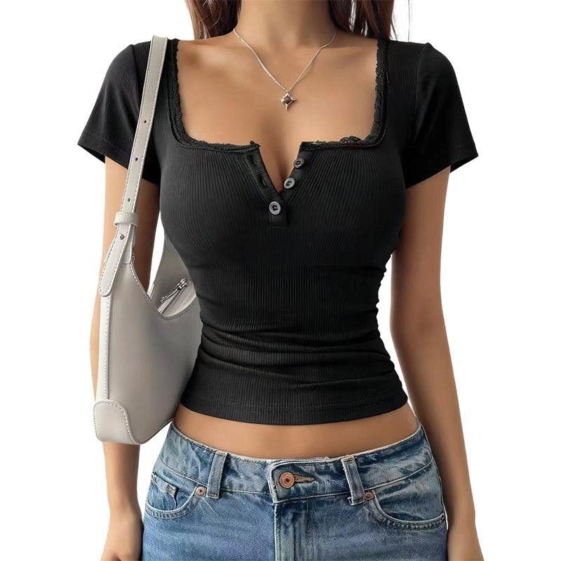 Women's Lace Trim V-Neck Ribbed Top