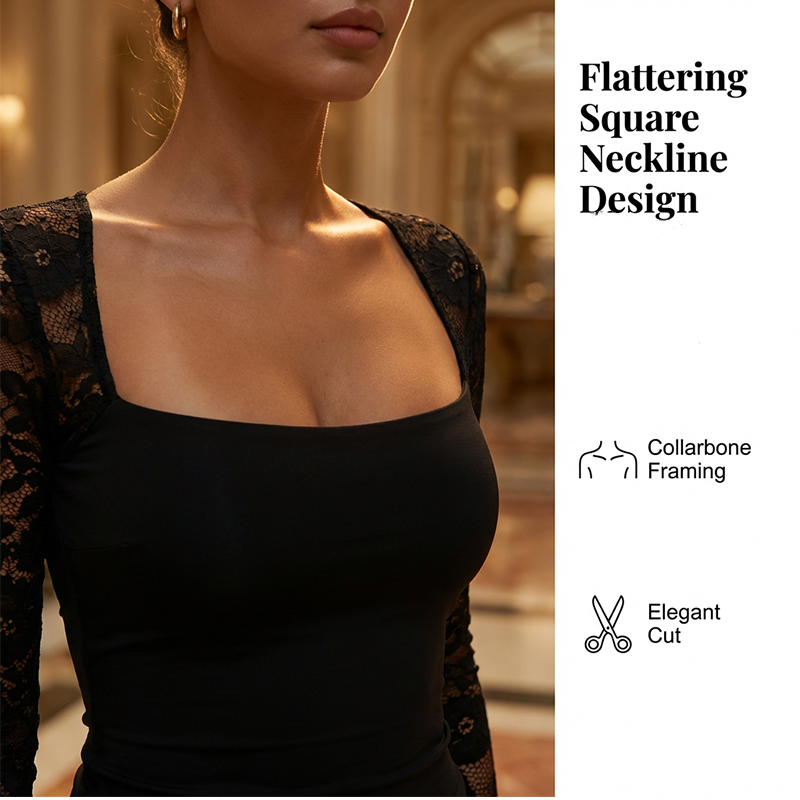 Women's Square Neck Top with Lace Sleeves