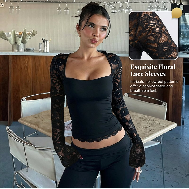Women's Square Neck Top with Lace Sleeves