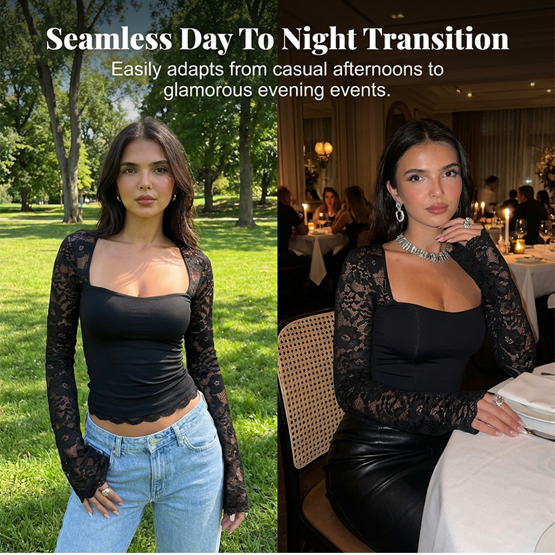 Women's Square Neck Top with Lace Sleeves