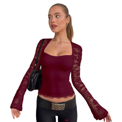 Women's Square Neck Top with Lace Sleeves