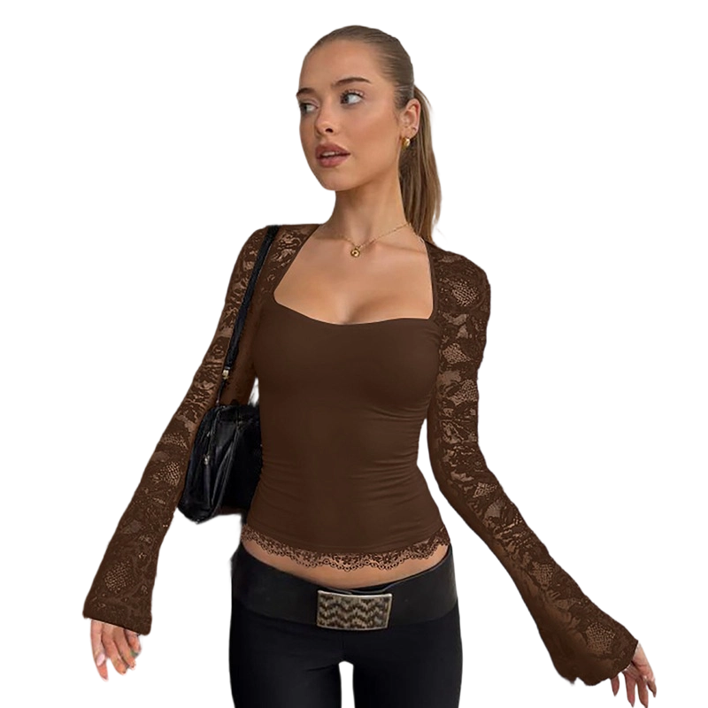 Women's Square Neck Top with Lace Sleeves