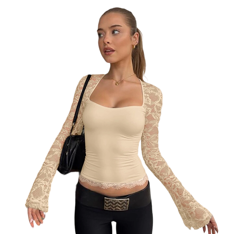 Women's Square Neck Top with Lace Sleeves