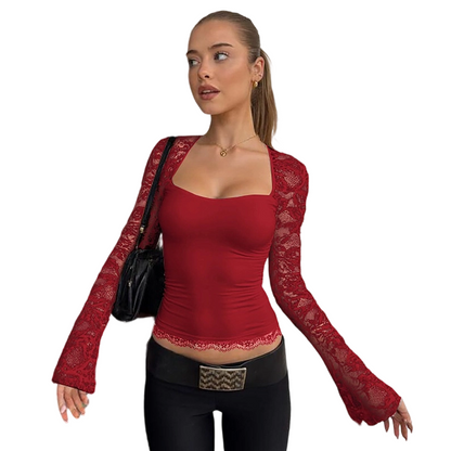 Women's Square Neck Top with Lace Sleeves