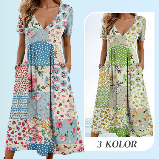 Women's V-neck dresses with short sleeves in patterned designs