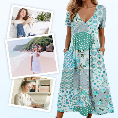 Women's V-neck dresses with short sleeves in patterned designs