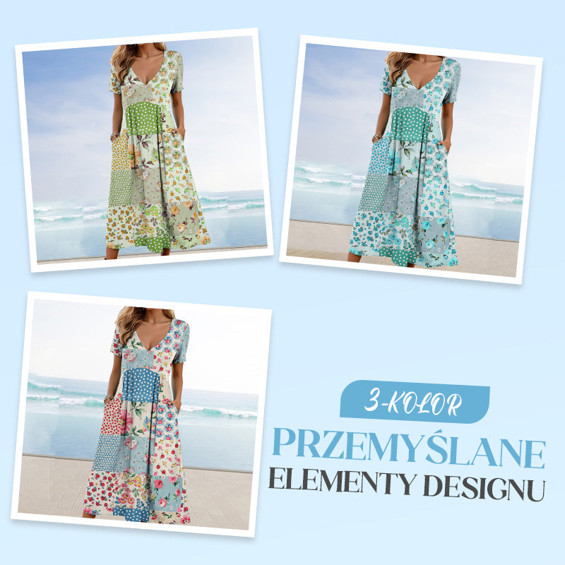 Women's V-neck dresses with short sleeves in patterned designs