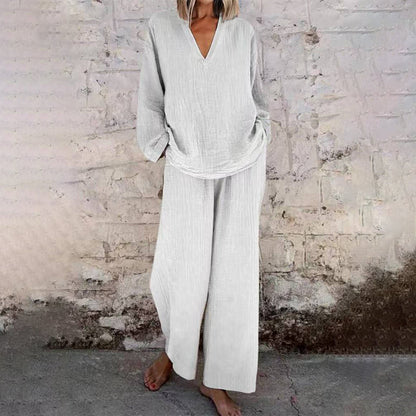 📢Casual Solid Color V-Neck Long Sleeve Top & Wide-Leg Pants Set