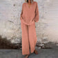 📢Casual Solid Color V-Neck Long Sleeve Top & Wide-Leg Pants Set