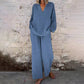 📢Casual Solid Color V-Neck Long Sleeve Top & Wide-Leg Pants Set