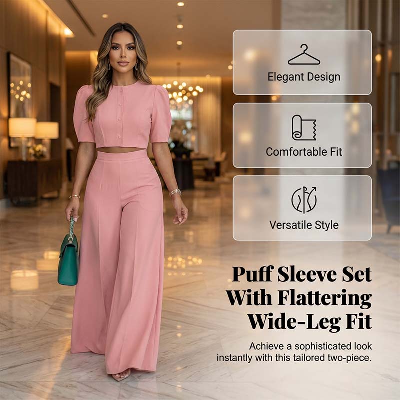Elegant Puff Sleeve Crop Top & Wide-Leg Pants Set